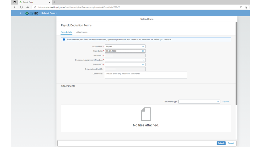 Uploading your payroll deduction forms to MyHR for The Prince Charles Hospital